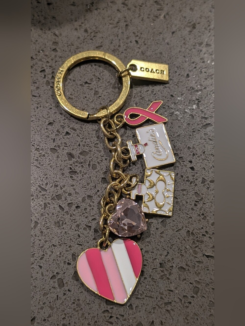 Coach Pink and Gold Enamel Heart & Charm Breast Cancer Key Chain Nwot
